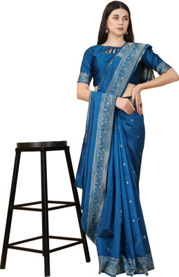 Rudr Ventures Embroidered Banarasi Jacquard Saree(Blue)