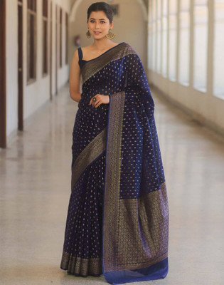 Samah Woven, Embellished Banarasi Silk Blend, Jacquard Saree(Dark Blue, Gold)