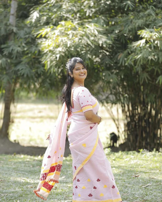 Sheden Lopez Creation Embroidered Mekhela Chador Pure Cotton Saree(Pink)