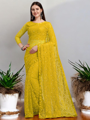 Nexaafashion Embroidered Daily Wear Net Saree(Yellow)