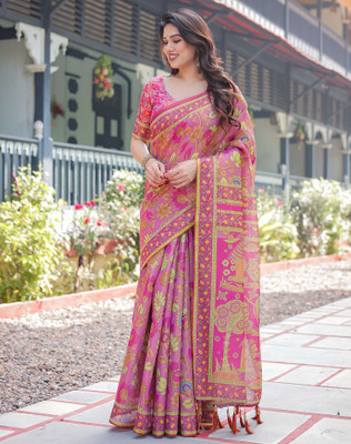 Tasrika Floral Print, Woven, Embellished Handloom Linen Saree(Pink)