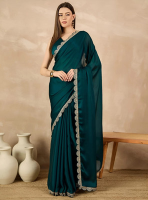 HIJA TRENDZ Embroidered Bollywood Satin Saree(Blue)