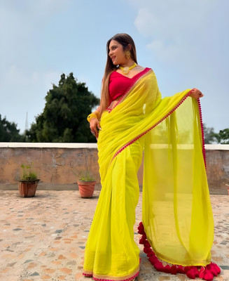 KARNI FASHION Solid/Plain Bollywood Georgette Saree(Yellow)