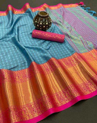 RUHKRUSH Woven, Embellished, Self Design, Animal Print Berhampuri Cotton Silk, Jacquard Saree(Light Blue, Pink)