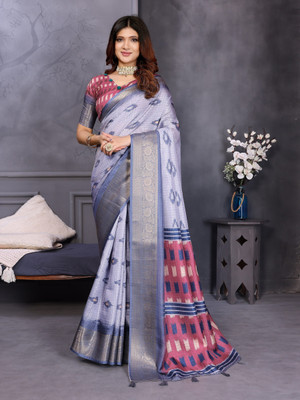 NEGRONI Printed Banarasi Cotton Silk Saree(Blue)