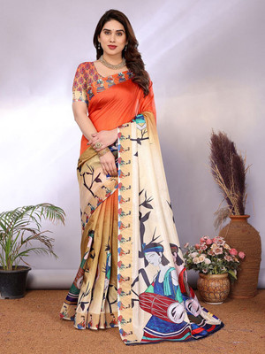 Moda Rapido Printed Bollywood Silk Blend Saree(Pack of 2, Orange)