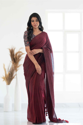 Amita Collections Solid/Plain Handloom Cotton Blend Saree(Maroon)