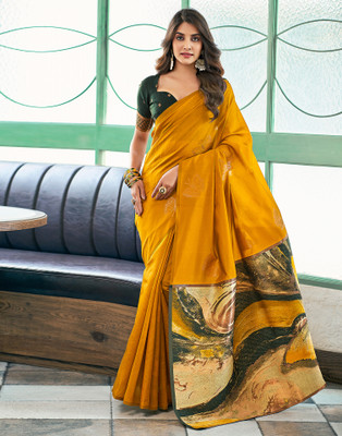 Samah Woven, Embellished, Self Design Banarasi Silk Blend, Jacquard Saree(Yellow, Multicolor)