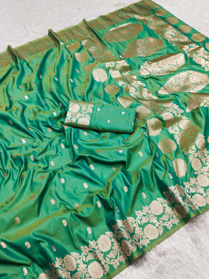 SHREEKHODIYARST Woven, Self Design Banarasi Jacquard, Pure Silk Saree(Dark Green)