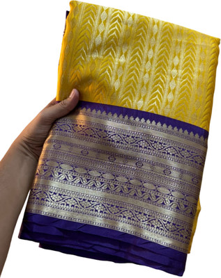 Aziz Creation Woven, Self Design Kanjivaram Pure Silk Saree(Yellow, Blue)