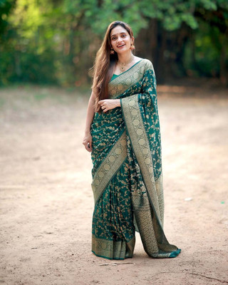The Style Sanctuary Woven, Floral Print Banarasi Silk Blend Saree(Dark Green)