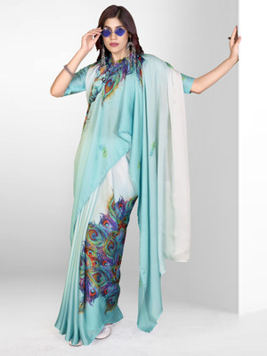 Sareemall Digital Print Bollywood Satin Saree(Light Blue)