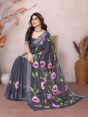 HITESH ENTERPRISE Floral Print Handloom Linen Saree(Black)