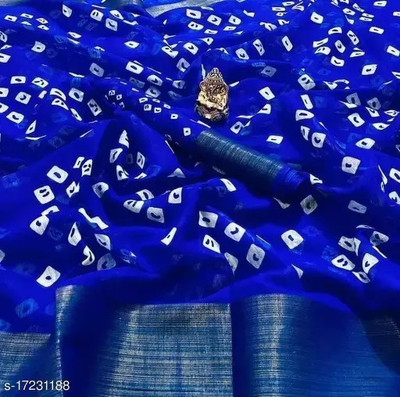 Grubstaker Printed Bandhani Cotton Linen Saree(Blue)