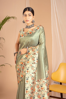WISHLIST Digital Print Banarasi Silk Blend Saree(Gold)