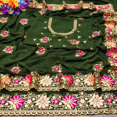 KHRITI FAB Embroidered, Floral Print Bollywood Georgette Saree(Green)