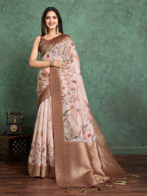 Divastri Printed Banarasi Linen Saree(Brown)