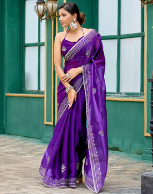 Satrani Embroidered, Embellished Bollywood Tissue, Art Silk Saree(Purple)
