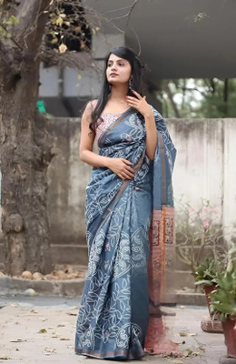 HIYAMI Printed Bandhani Cotton Linen Saree(Dark Blue)