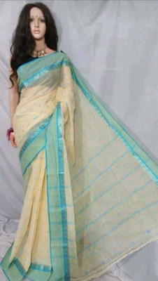 Sthaker Woven Handloom Cotton Blend Saree(Light Blue)