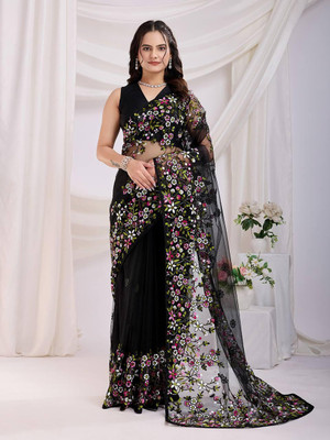 wonaari Embroidered Daily Wear Net Saree(Multicolor, Black)