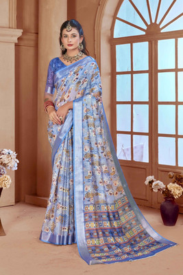 Ethnic Trendz Digital Print Saree with Attached Blouse Cotton Linen Saree(Multicolor)