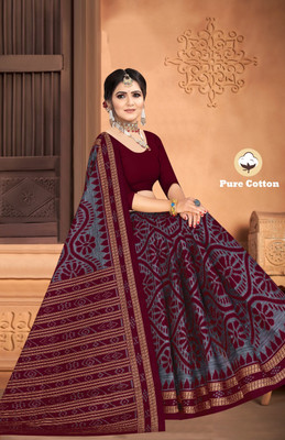 HouseOfCommon Printed Sambalpuri Pure Cotton Saree(Purple)