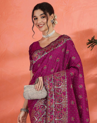Satrani Woven, Embellished Banarasi Pure Silk Saree(Pink, Gold)
