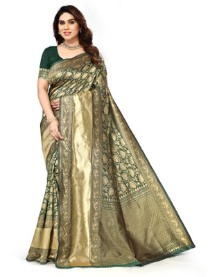 VAGHANI TEX Woven, Self Design Banarasi Silk Blend Saree(Dark Green)