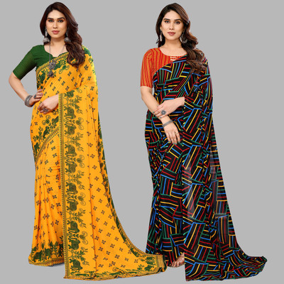 kashvi sarees Printed Daily Wear Georgette Saree(Pack of 2, Yellow, Green, Multicolor)