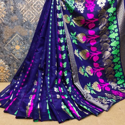 VIRDHI TEXTILE Printed, Self Design, Embellished, Woven, Animal Print, Blocked Printed Jamdani Cotton Blend, Jacquard Saree(Dark Blue)