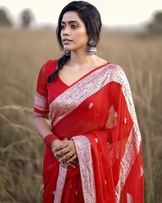 FRATONA Woven Banarasi Cotton Silk, Art Silk Saree(Red)