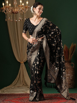 ETHNICHITZ Printed Banarasi Cotton Silk Saree(Black)