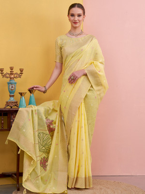 Divastri Printed Hand Batik Linen Saree(Yellow)