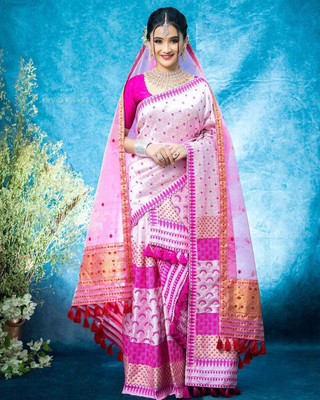 Sheden Lopez Creation Self Design Mekhela Chador Silk Blend Saree(Pink)