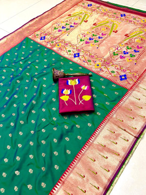 HouseOfCommon Woven Paithani Cotton Silk Saree(Green)