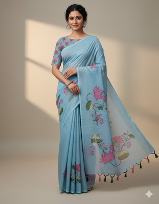 Online Bazaaar Floral Print Bollywood Linen Saree(Blue)
