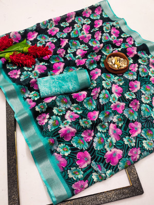 kashvi sarees Floral Print Saree with Attached Blouse Cotton Linen Saree(Dark Green, Light Blue)