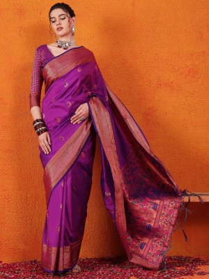 Urbanari Woven, Self Design Paithani Silk Blend, Jacquard Saree(Purple)