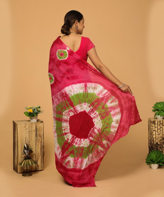 DASTKARPRINT Printed, Color Block, Blocked Printed, Floral Print, Dyed Daily Wear Pure Cotton Saree(Pink)