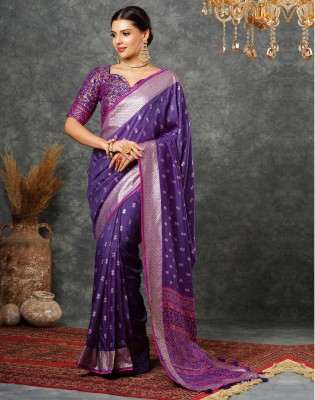 Satrani Self Design, Woven, Embellished Banarasi Silk Blend Saree(Purple, Multicolor)