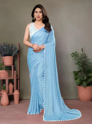 HIJA TRENDZ Solid/Plain Bollywood Georgette Saree(Blue)