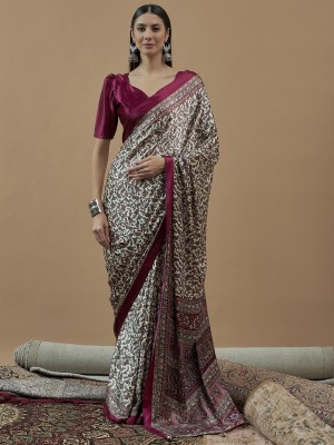 Sareemall Printed Hand Batik Crepe Saree(Beige)