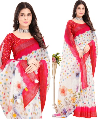 INITHI Digital Print Bollywood Linen Saree(White)