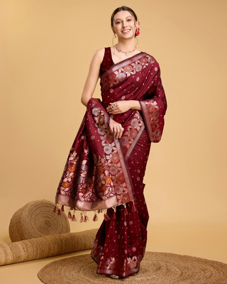 GajGajra Woven, Floral Print Banarasi Pure Silk Saree(Maroon)