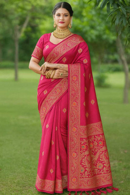 sareekraft Woven Saree with Attached Blouse Silk Blend Saree(Magenta)
