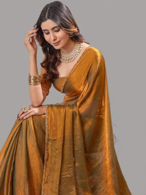 Croza Solid/Plain Chanderi Chiffon, Tussar Silk Saree(Gold)