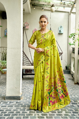 Divastri Printed Paithani Cotton Silk Saree(Yellow)