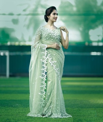 YOYO FASHION Embroidered Bollywood Net Saree(Green)