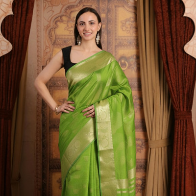 EZIESHREE Woven Banarasi Silk Blend Saree(Green)